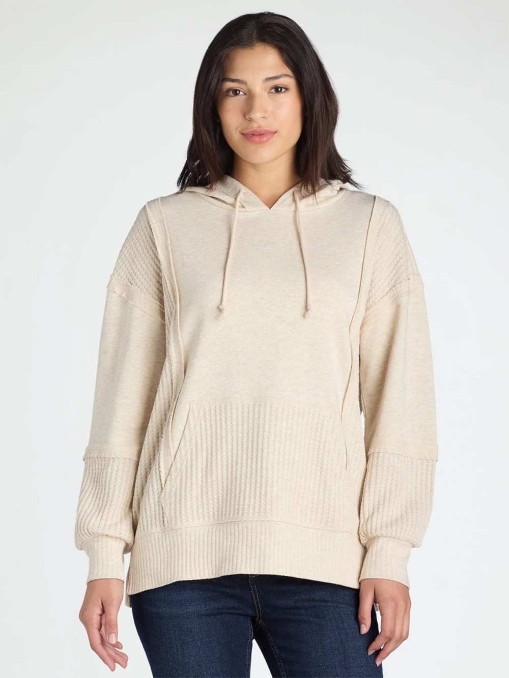 Time and Tru Cozy Lightweight Hooded Pullover in Oatmeal
